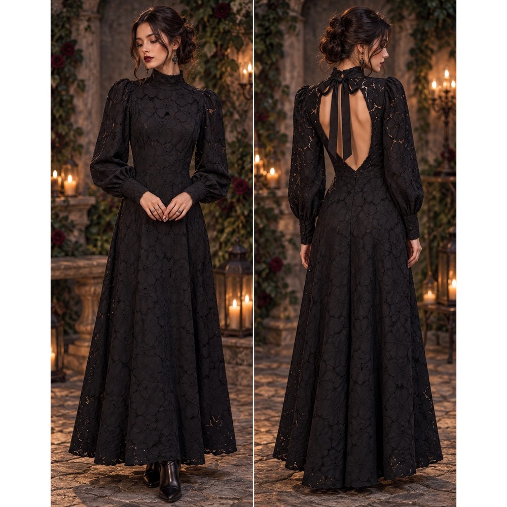Witchy Black Floral Eyelet Lace Dress XS Open Back Puff Sleeve Maxi Goth H&M
